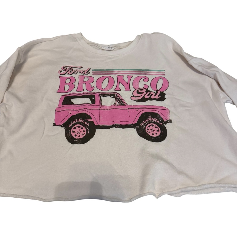 Ford Bronco Girl Pink and White Cropped Sweater. Ford Licensed Product